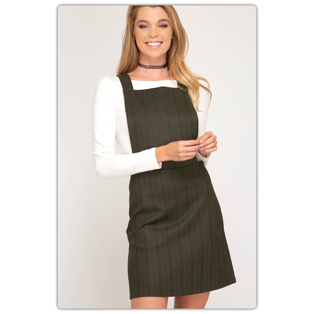 Olive Pinstripe Overall Cross Straps Jumper Dress